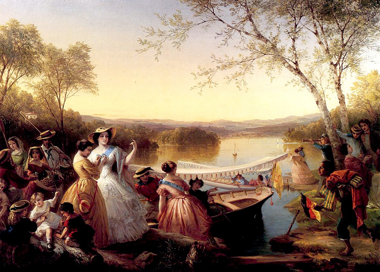 Przed regatami damskich łodzi, jezioro Mahopac, 1864-65 autorstwa Louis Lang