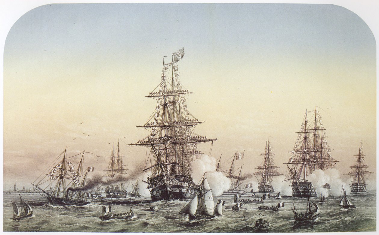 Napoleon III w Calais, wizyta w brytyjskiej eskadrze wyruszającej na Krym. 14 lipca 1854 r autorstwa Louis Le Breton