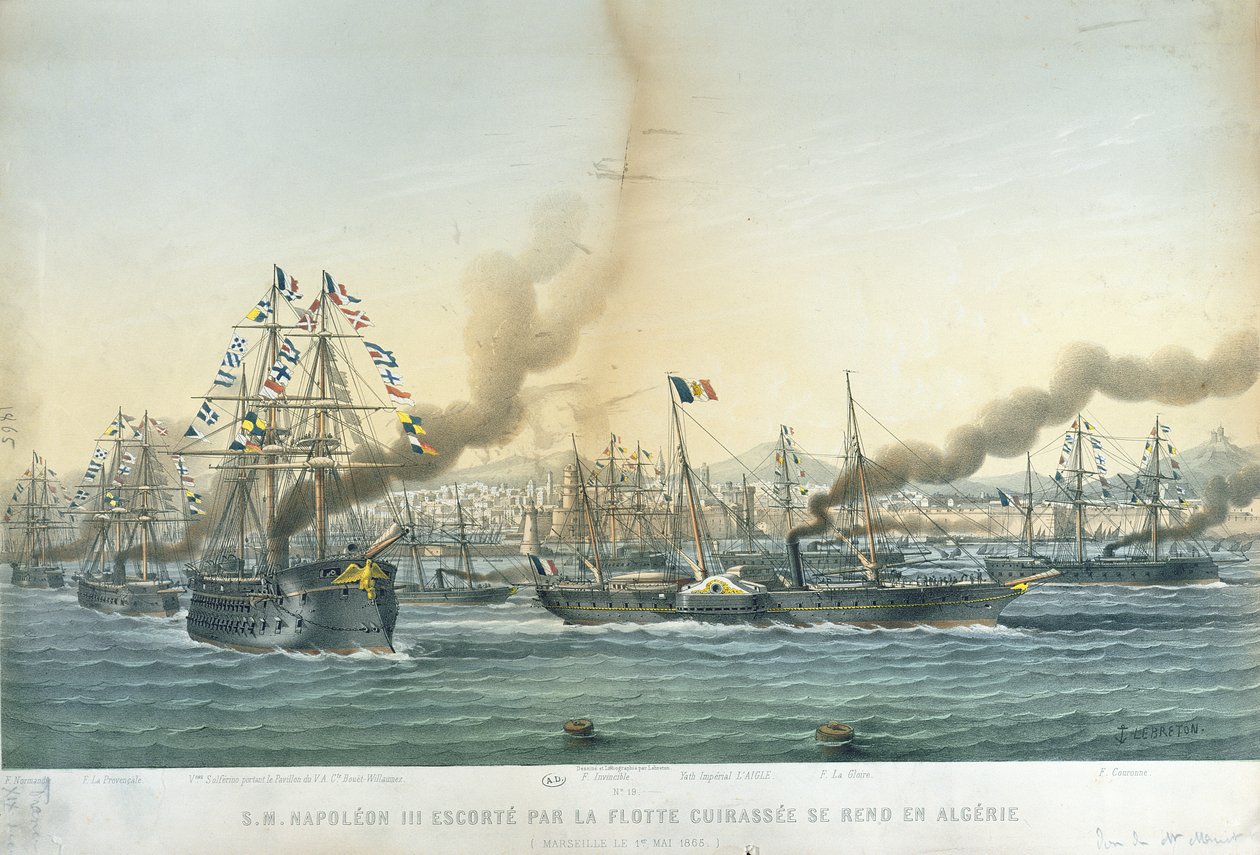 Przybycie Napoleona III (1808-73) do Algierii z eskortą okrętów wojennych, 1 maja 1865 r. autorstwa Louis Le Breton