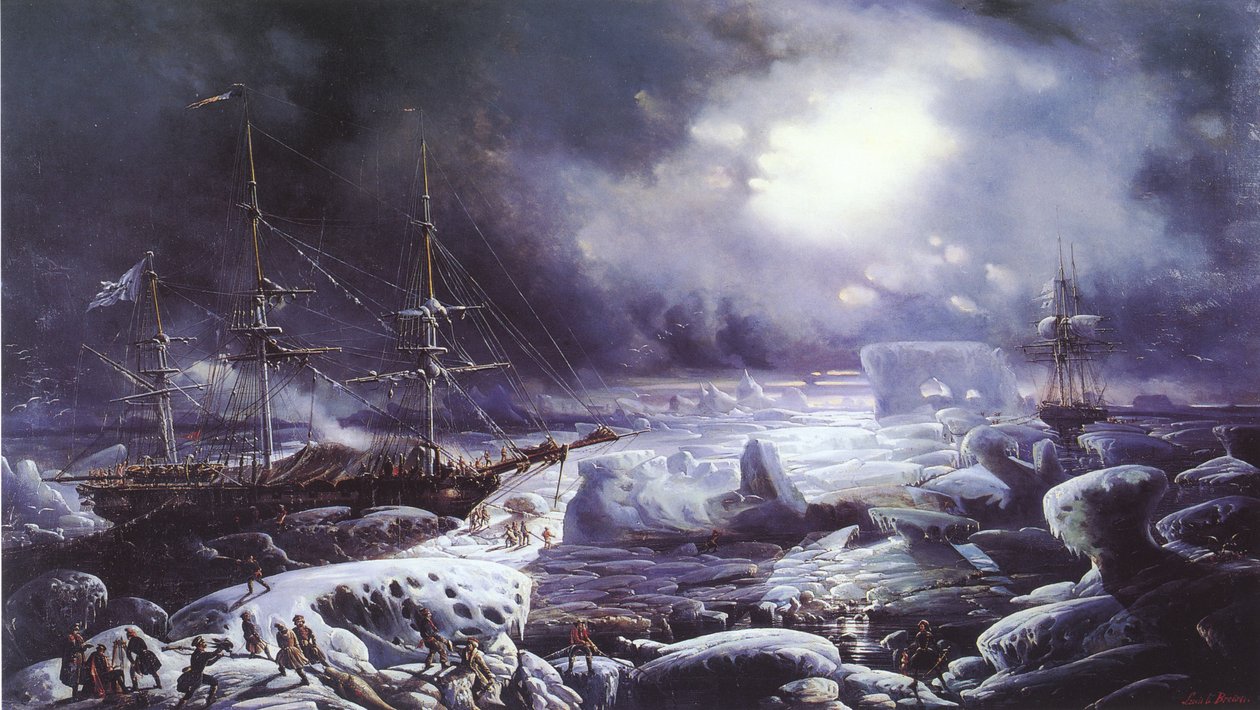 Astrolabe i Zélée wylądowali na Oceanie Australijnym w lutym 1838 r. autorstwa Louis Le Breton