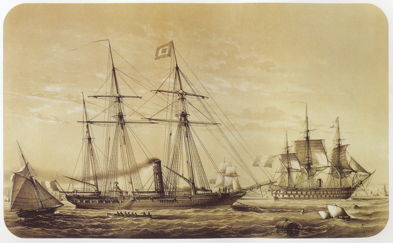 Reine Hortense, cesarski jacht Napoleona III. W tle widać statek linii Austerlitz autorstwa Louis Le Breton