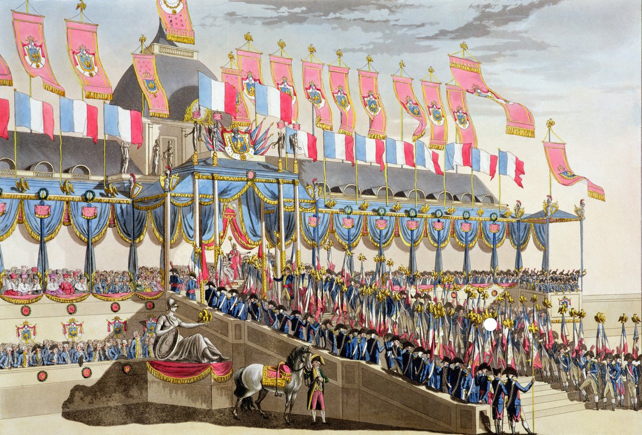 Święte Święto i Koronacja Ich Cesarskich Mości, Widok dekoracji przed Ecole Militaire obok Champ du Mars, rytowane przez Francois Aubertin (1783-1821), opublikowane 1806 autorstwa Louis Le Coeur