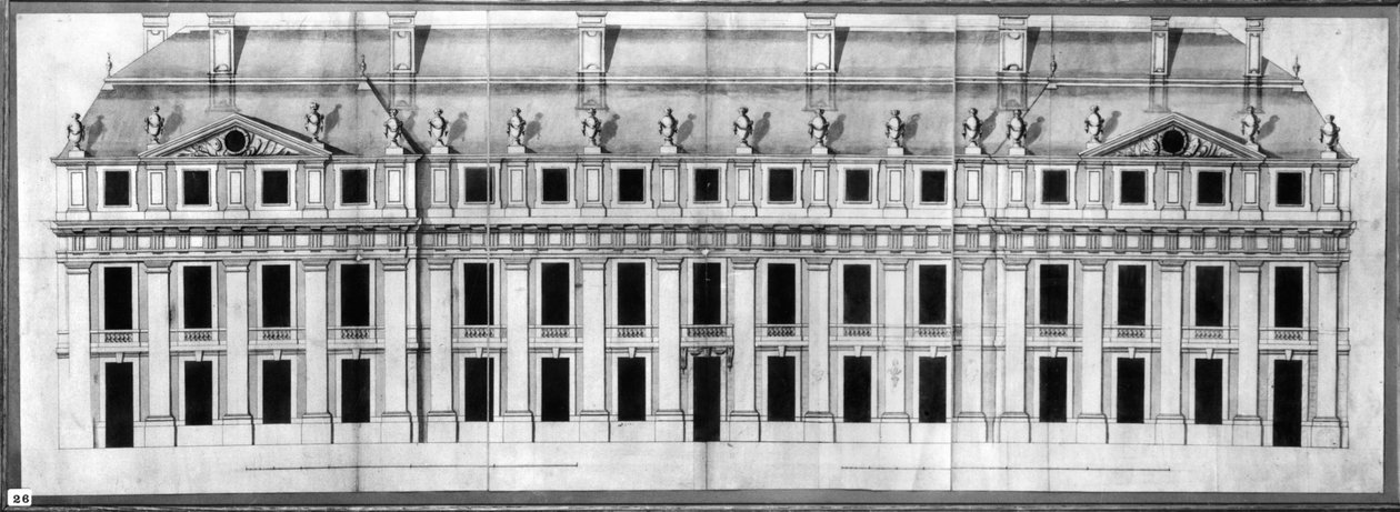 Chateau de Vincennes: elewacja elewacji pawilonu narożnego, 1658 (pióro i atrament i pranie na papierze) autorstwa Louis Le Vau