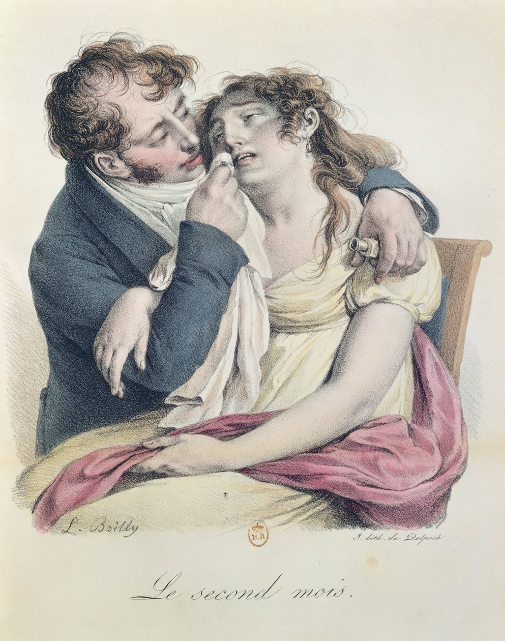 Drugi miesiąc ciąży, ok. 1825 (kolorowa lito) autorstwa Louis Leopold Boilly