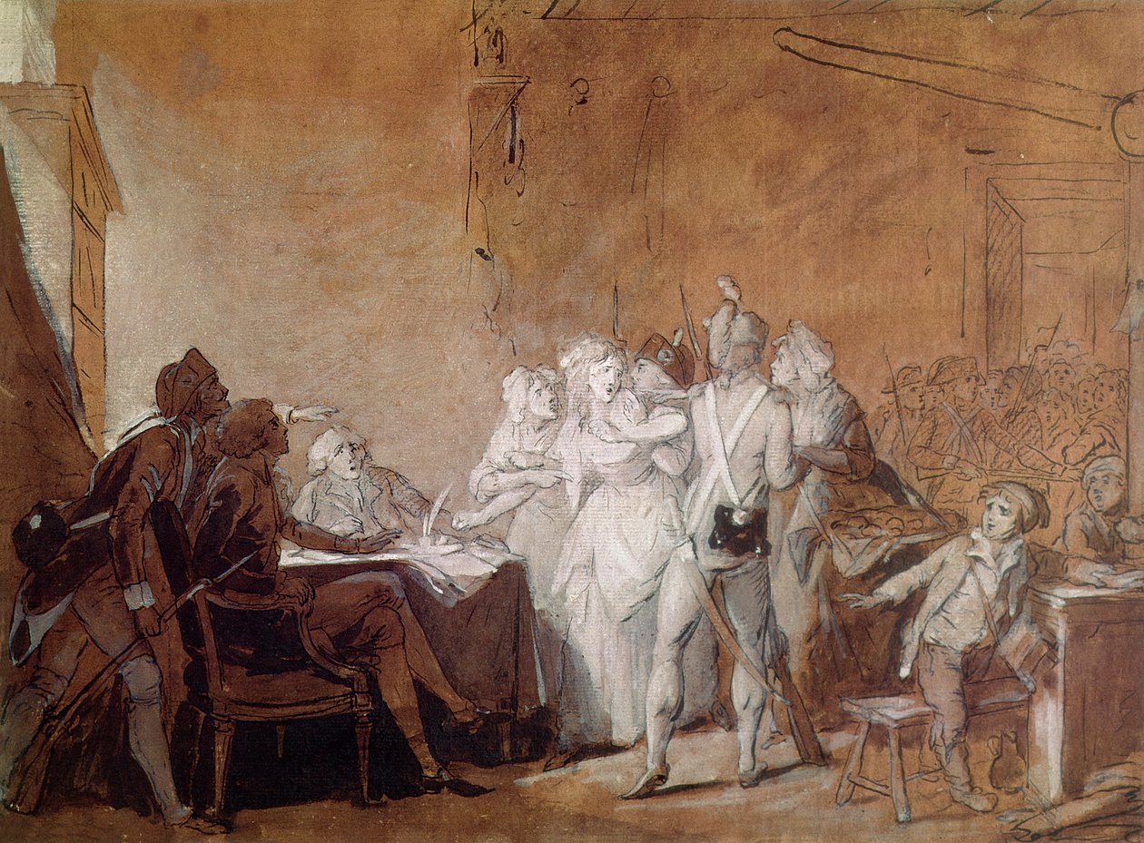 Aresztowanie Charlotte Corday (pióro i atrament i toaleta na papierze) autorstwa Louis Leopold Boilly