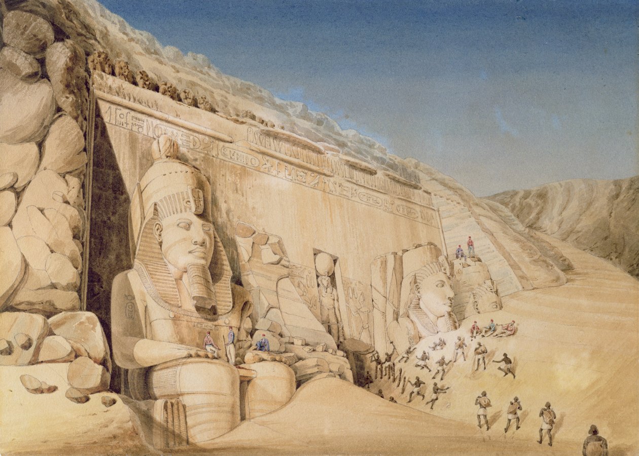 Wykopaliska w Wielkiej Świątyni Ramzesa II, Abu Simbel, 1819 r. autorstwa Louis M.A. Linant de Bellefonds