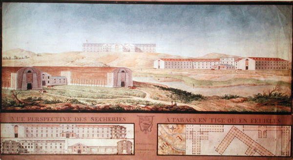 Widok perspektywiczny fabryk suszenia tytoniu, 1813 (wc na papierze) autorstwa Louis Michel Phelippeaux