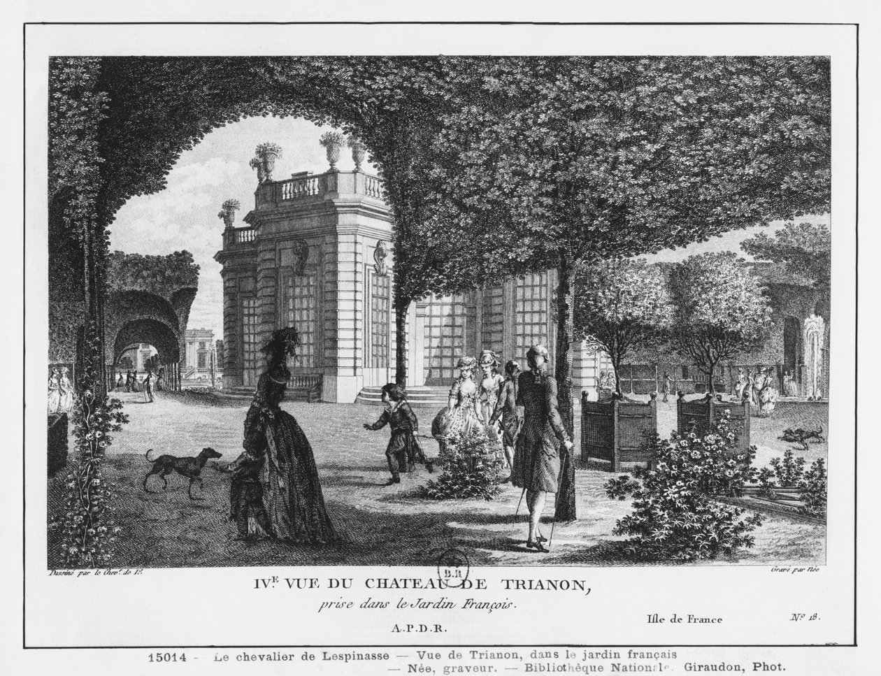 Czwarty widok Trianon, wykonany w ogrodzie francuskim, rytowany przez Francois Denis Nee (1732-1817) autorstwa Louis Nicolas de Lespinasse