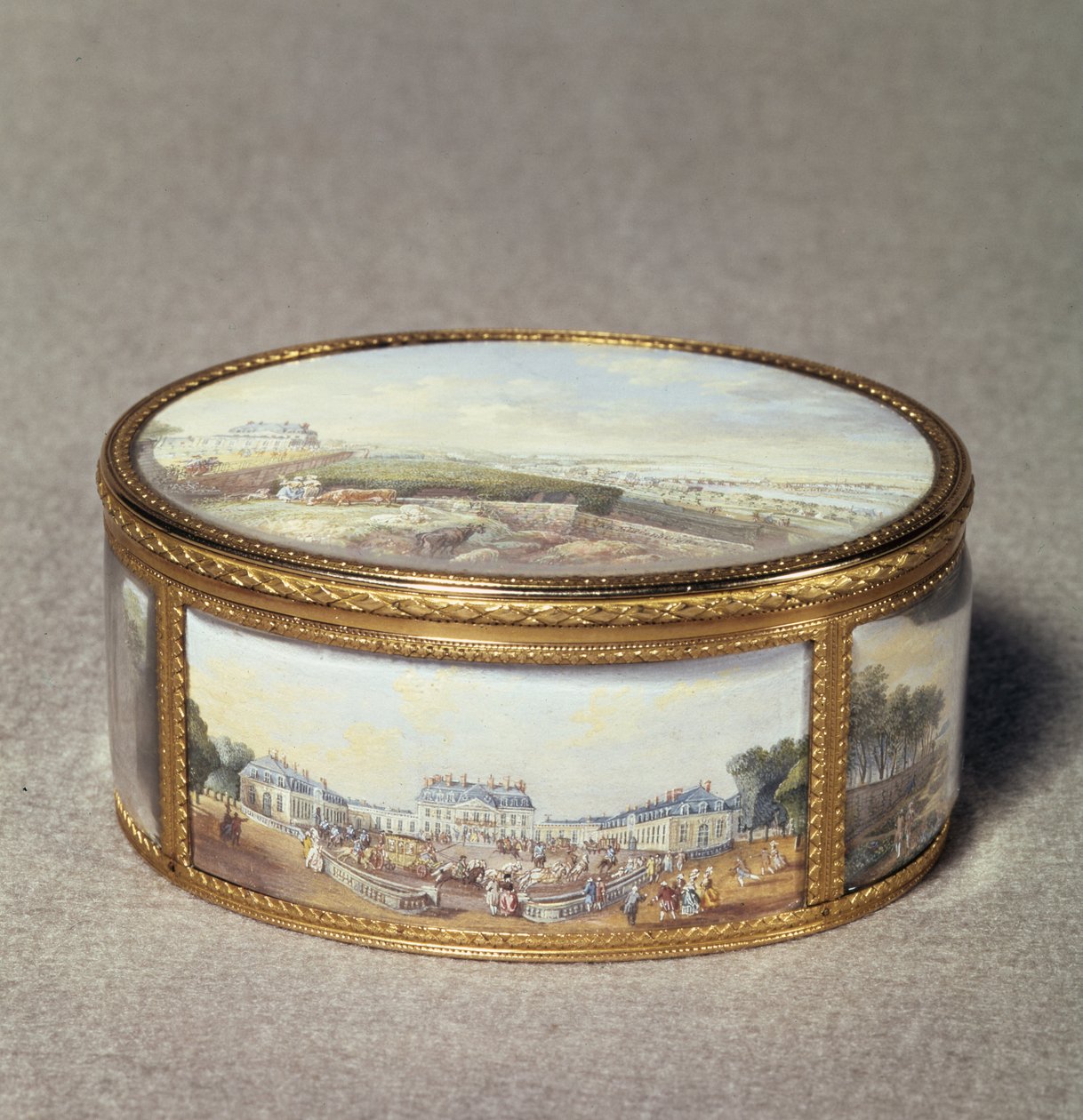 Tabakiera malowana z widokami Schloss Bellevue (emalia na złocie) autorstwa Louis Nicolas van Blarenberghe