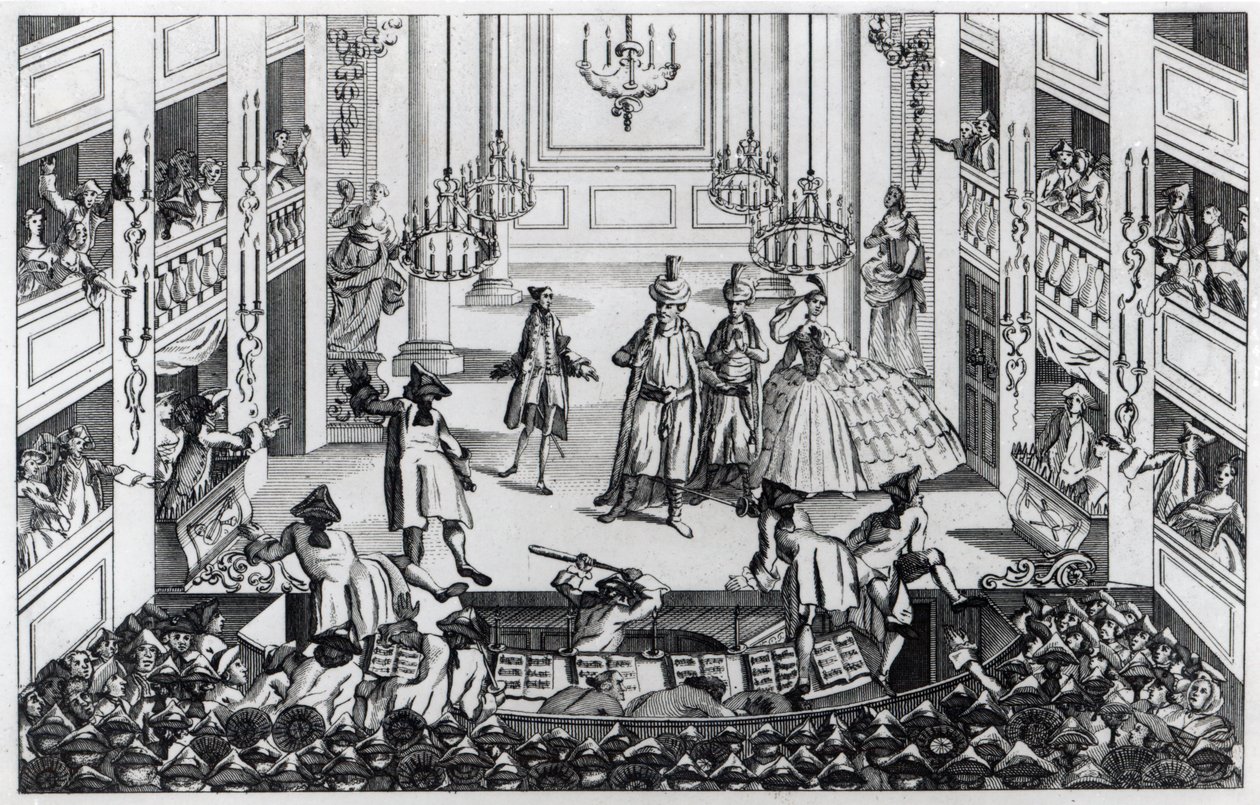 Zamieszki w Covent Garden Theatre w 1763 r. w wyniku odmowy kierownictwa za pół ceny w Operze Artakserksesa autorstwa Louis Philippe Boitard