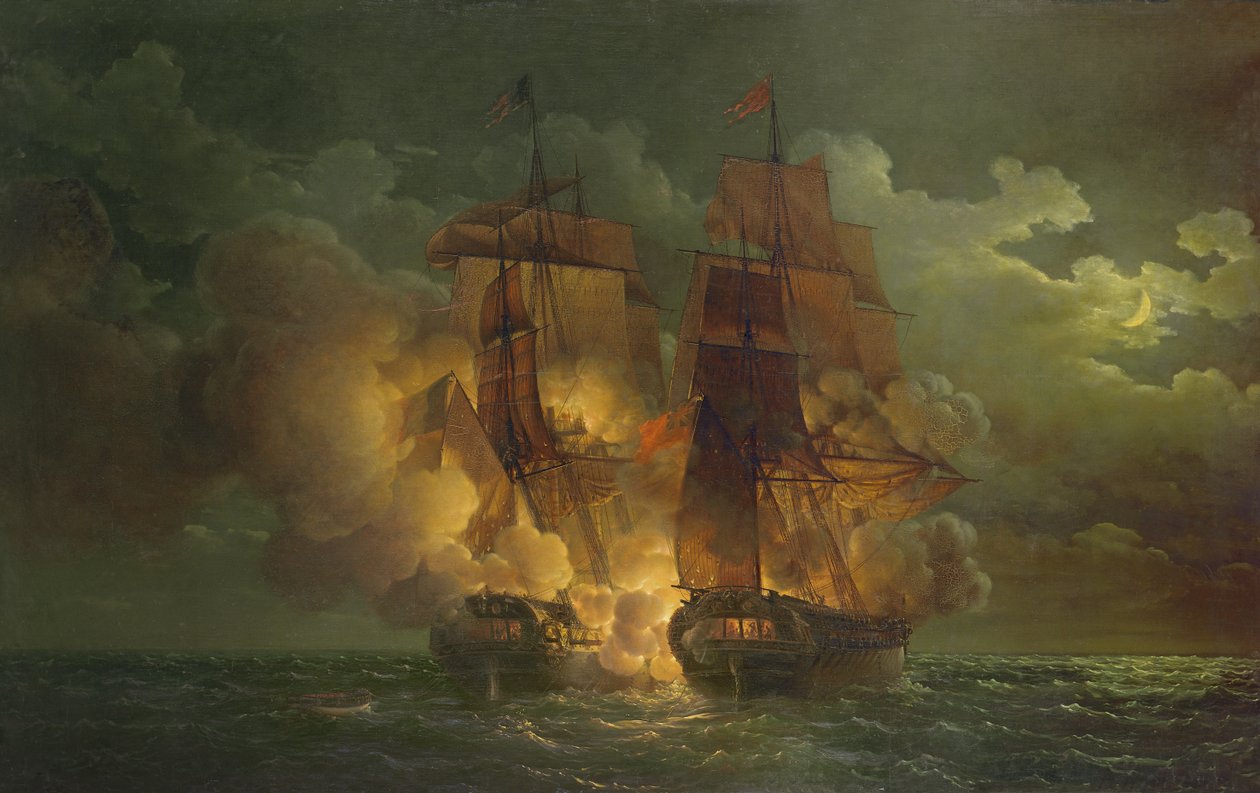 Bitwa między francuską fregatą „Arethuse” a angielską fregatą „Amelia” w widoku na wyspy Loz, 7 lutego 1813 autorstwa Louis Philippe Crepin
