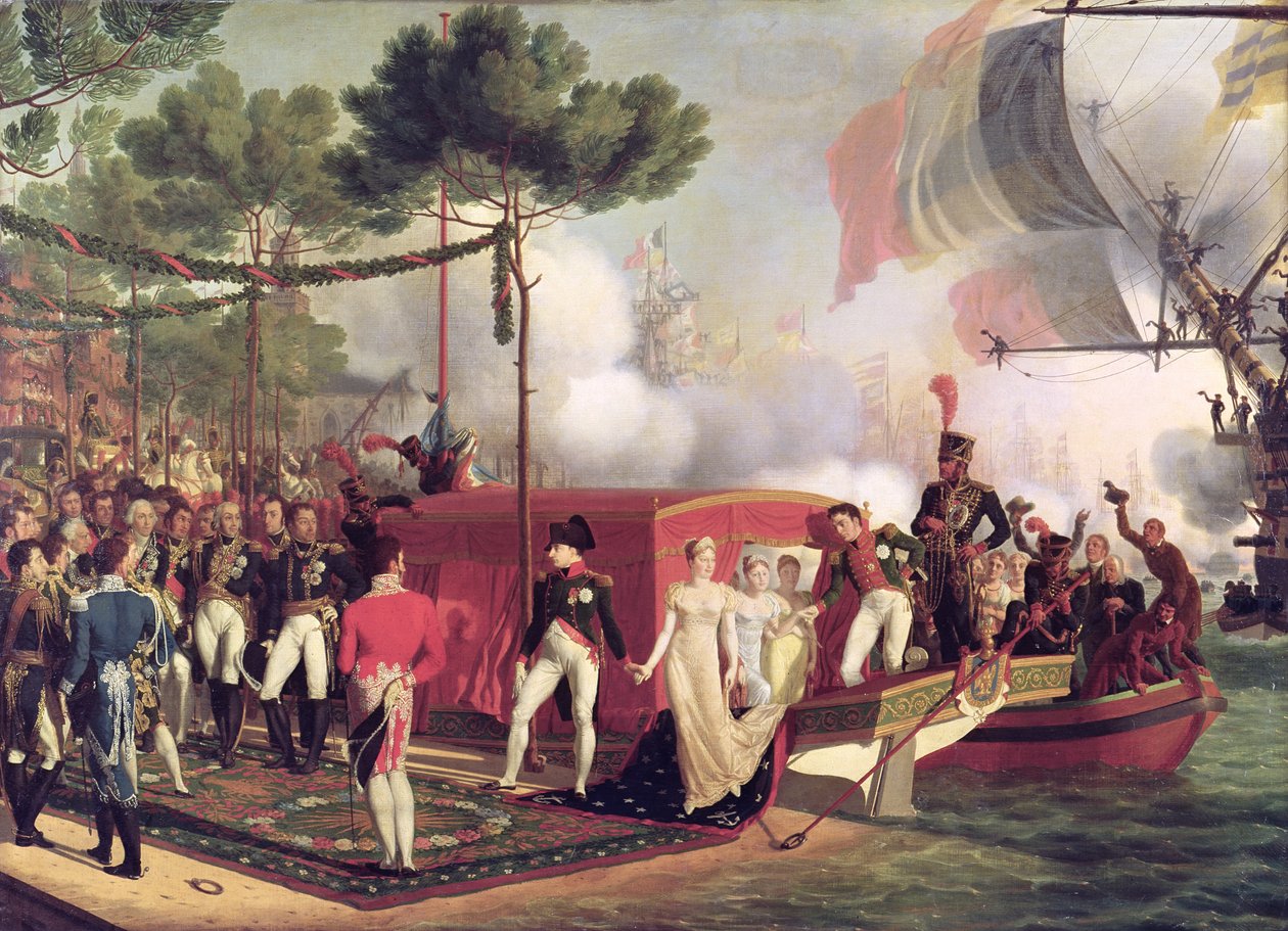 Napoleon I (1769-1821) i Maria Luiza (1791-1847) wysiadający z samolotu w Antwerpii, 1810 r. autorstwa Louis Philippe Crepin