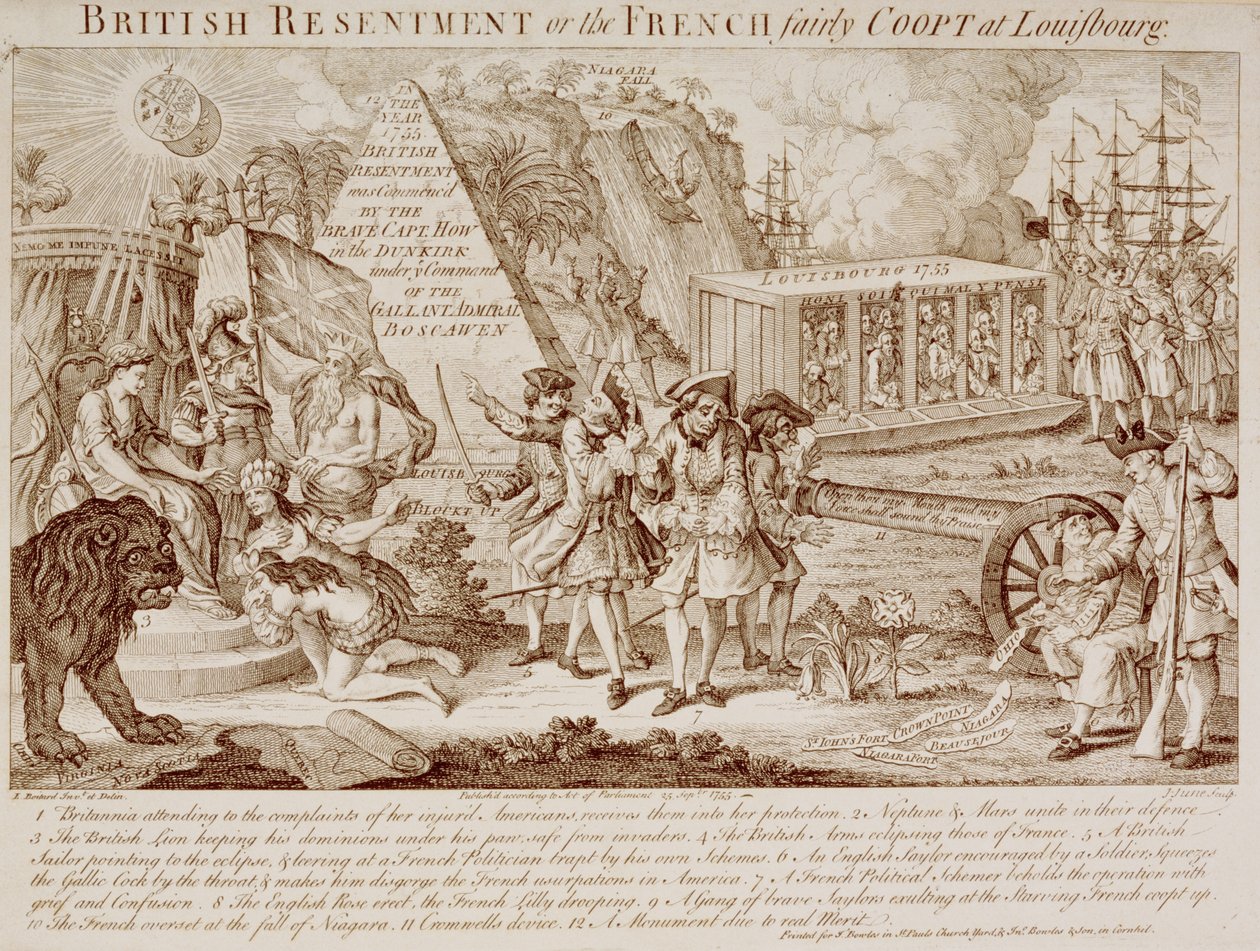 British Resentment lub francuski Fairly Coopt at Louisbourg, opublikowana 25 września 1755 (patrz także 251585) autorstwa Louis Philippe after Boitard