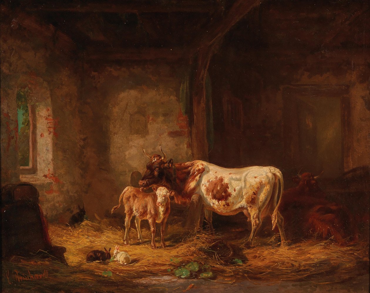 Krowy i króliki w stodole autorstwa Louis Reinhardt