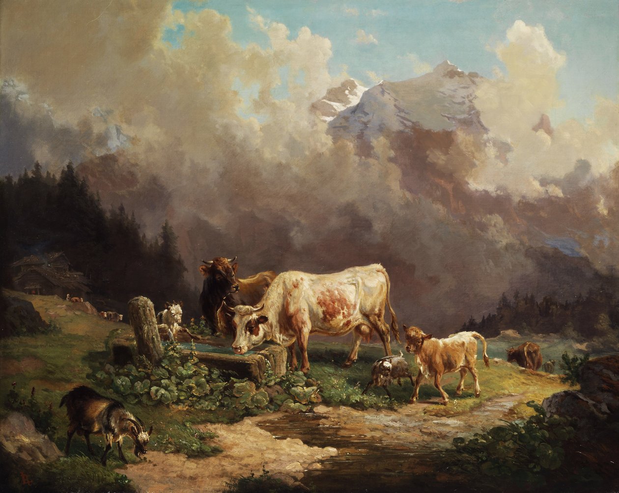 Bydło w wysokich górach przy wodopoju autorstwa Louis Reinhardt