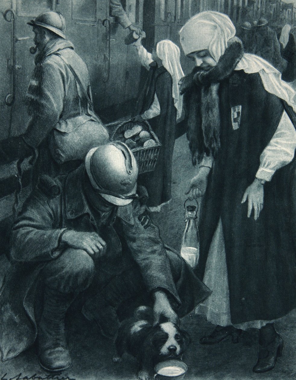 Poilu, szczeniak i pracownik Czerwonego Krzyża, ilustracja z „The Illustrated War News”, 10 stycznia 1917 autorstwa Louis Remy Sabattier