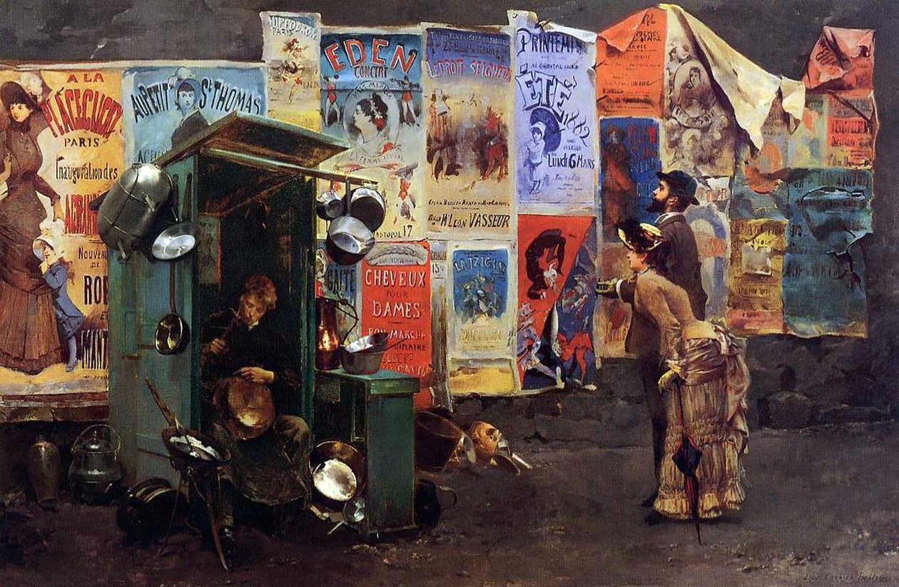 Plakaty na ścianie i mężczyzna naprawiający metalowe garnki, 1882 autorstwa Louis Robert Carrier Belleuse