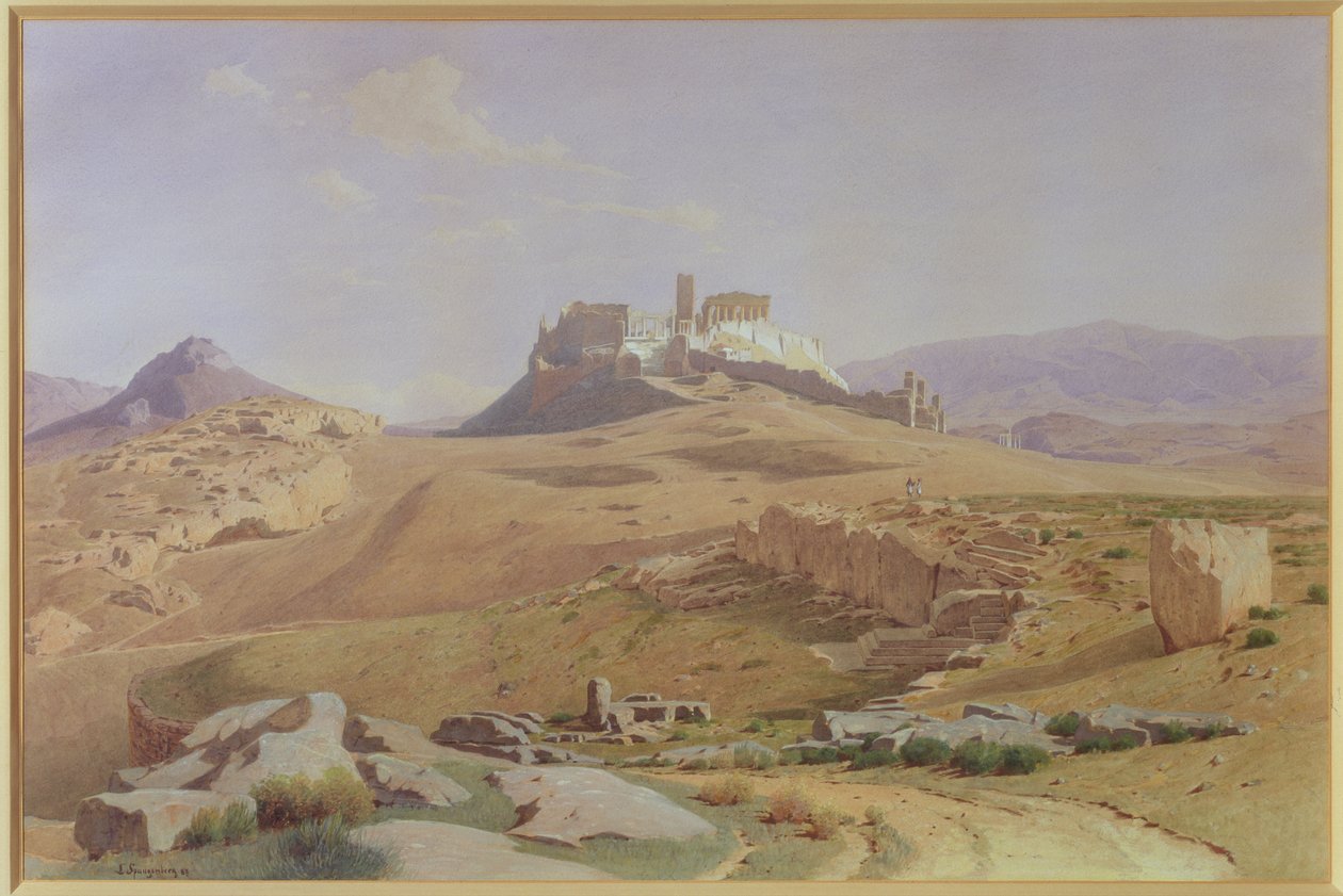 Widok na Akropol, 1887 (wc na papierze ułożonym na kartonie) autorstwa Louis Spangenberg