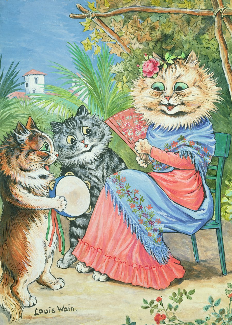 Matka kotka z wachlarzem i dwoma kociętami autorstwa Louis Wain