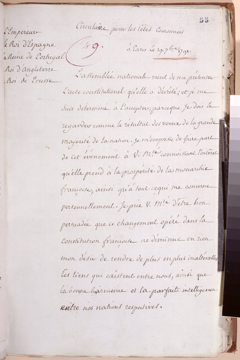 List do władców europejskich napisany przez Ludwika XVI (1754-93) wyjaśniający jego decyzję o przyjęciu Konstytucji z 1791 r., 19 lipca 1791 r. autorstwa Louis XVI