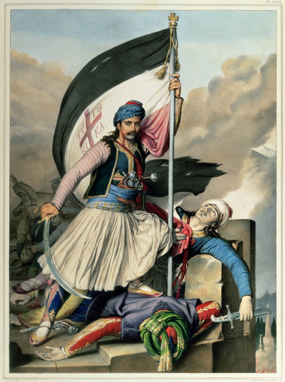 Podróż do Aten i Konstantynopola: Nickolaki Mitropolos przyjmuje sztandar krzyża w Salonie w Wielkanoc 1821, 1825 autorstwa Louis after Dupre