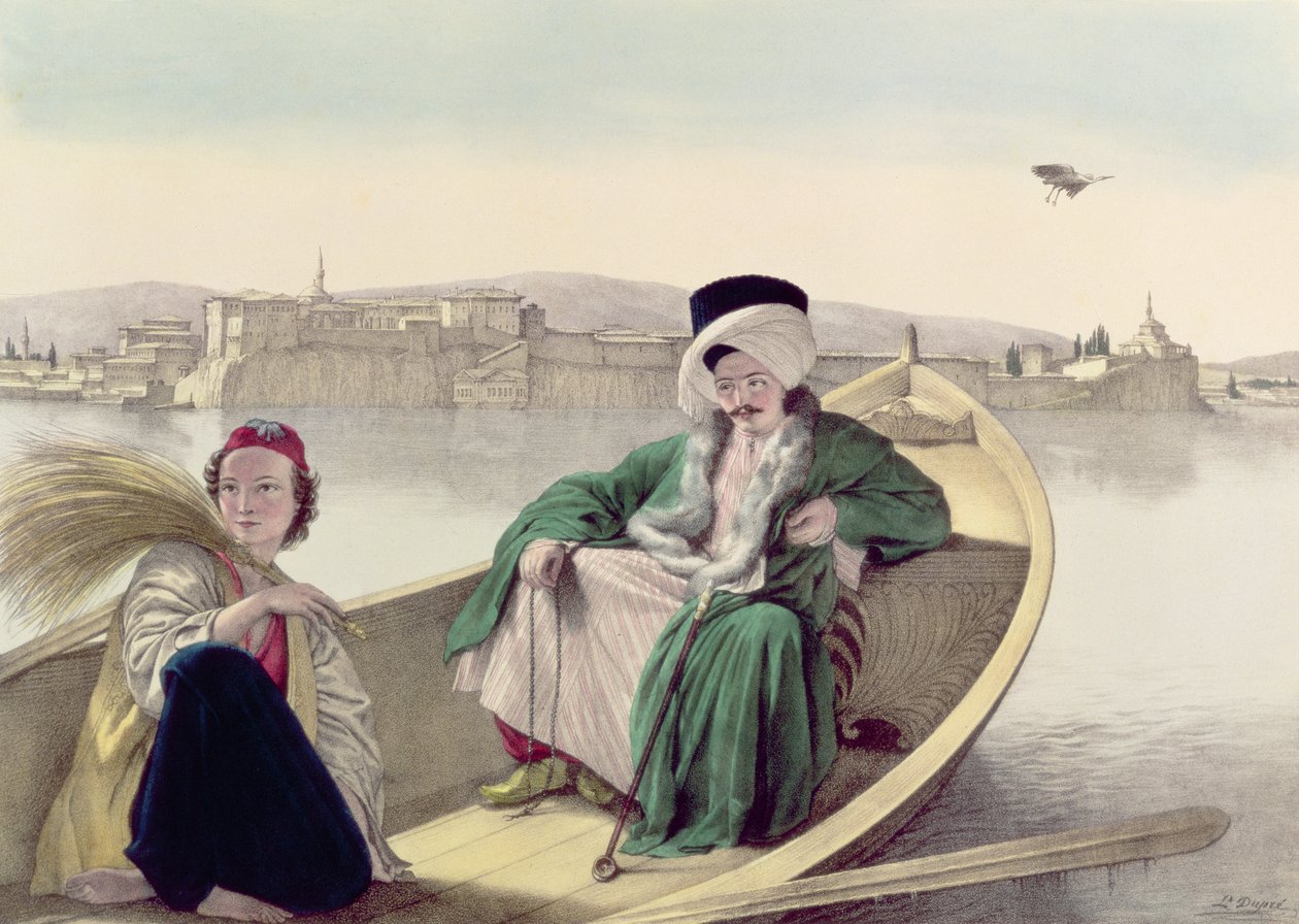 Podróż do Aten i Konstantynopola: pałac i twierdza Janiny widziana z jeziora, Turk i młody Grek autorstwa Louis after Dupre