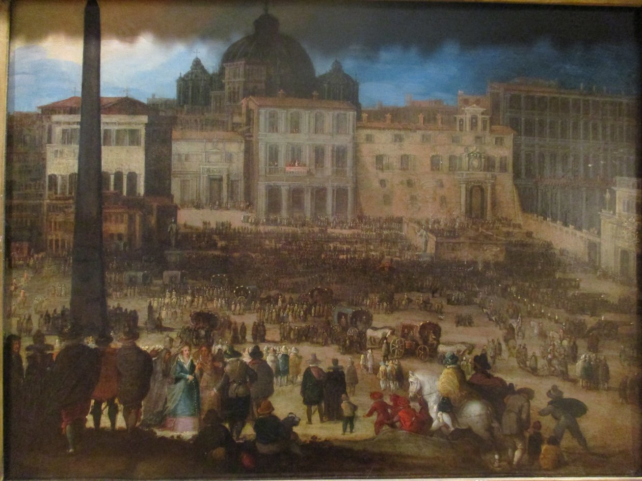 Widok na plac św. Piotra w Rzymie, gdy papież Klemens VIII pojawia się na loggii po jego wyborze w 1592 r. autorstwa Louis de Caullery