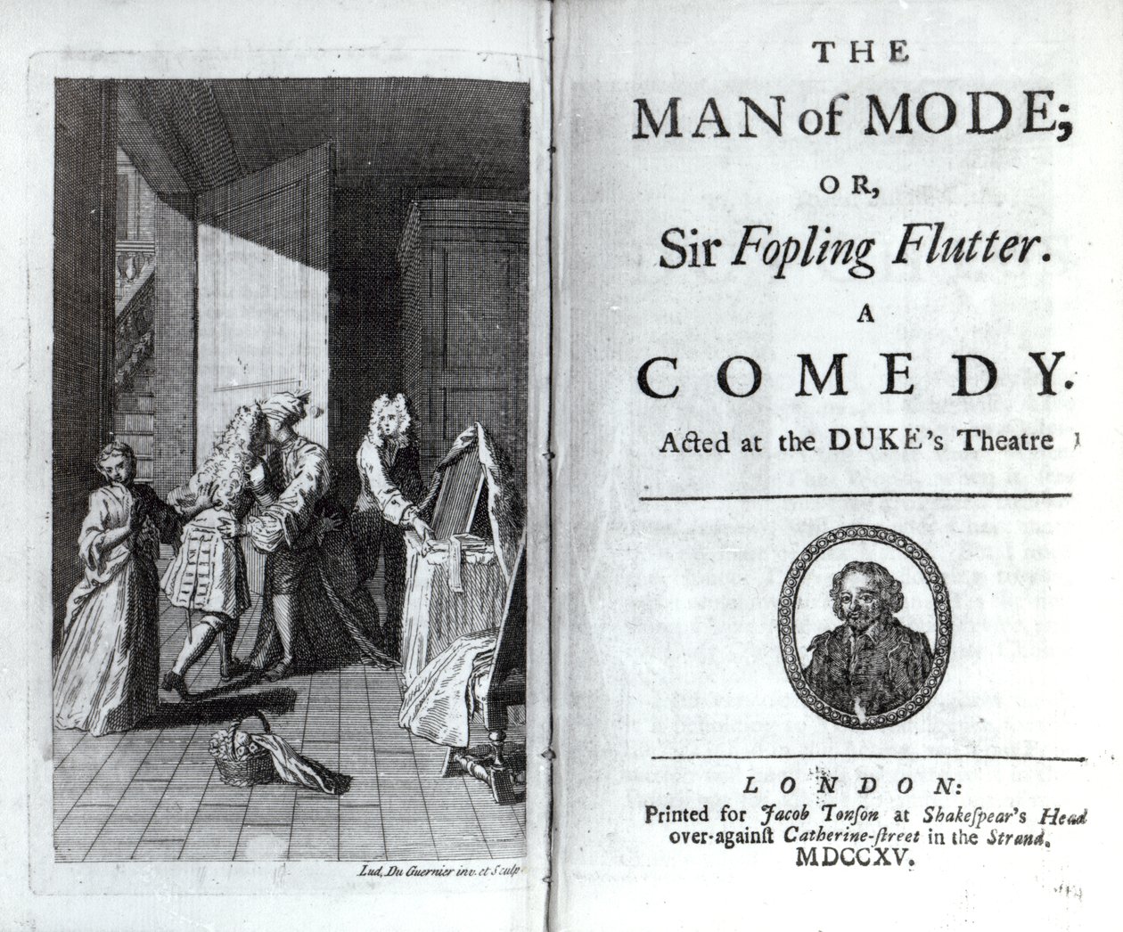 Frontyspis i strona tytułowa The Man of Mode, czyli Sir Fopling Flutter autorstwa George’a Etherege’a, opublikowana w 1715 r. autorstwa Louis du Guernier
