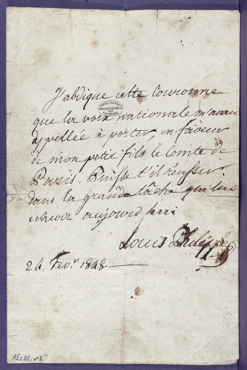 Akt abdykacji tronu przez Ludwika Filipa (1773-1850) na rzecz jego wnuka Ludwika Filipa Alberta dOrleans (1838-94), hrabia de Paris, 24 lutego 1848 autorstwa Louis Philippe