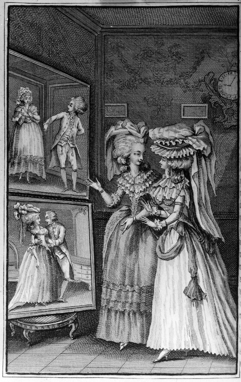 Ilustracja Louisa Bineta (1744-1800) do książki Nicolasa Edme Restifa de La Bretonne „”Les Parisiennes”” lub XL General Characters Taken in the Modern Moors, nadająca się do służenia l’instrukcji des Person-du-Sexe, zaczerpnięte ze wspomnień nowego Lycee d autorstwa Louis (after) Binet
