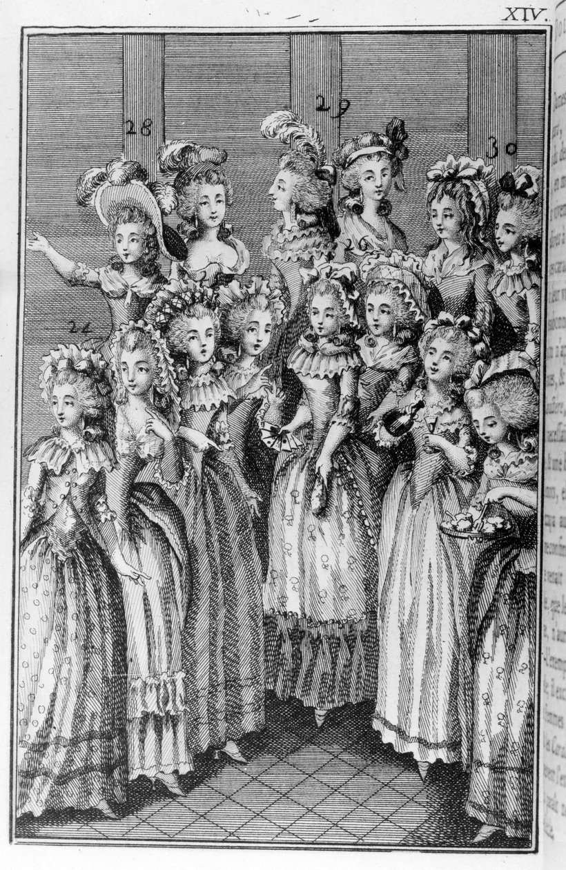 Ilustracja Louisa Bineta (1744-1800) do książki Nicolasa Edme Restifa de La Bretonne „”Les Parisiennes”” lub XL General Characters Taken in the Modern Moors, nadające się do służby l’instrukcji des Person-du-Sexe, zaczerpnięte ze wspomnień nowego Lycee des autorstwa Louis (after) Binet