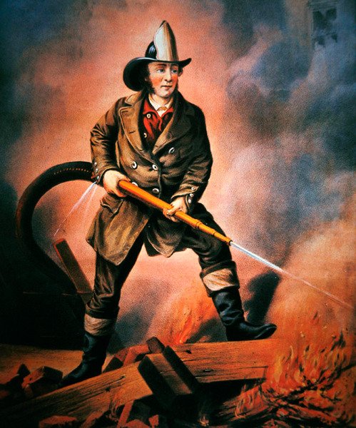 The American Fireman: Facing the Enemy, wyd. Currier & Ives autorstwa Louis (after) Maurer