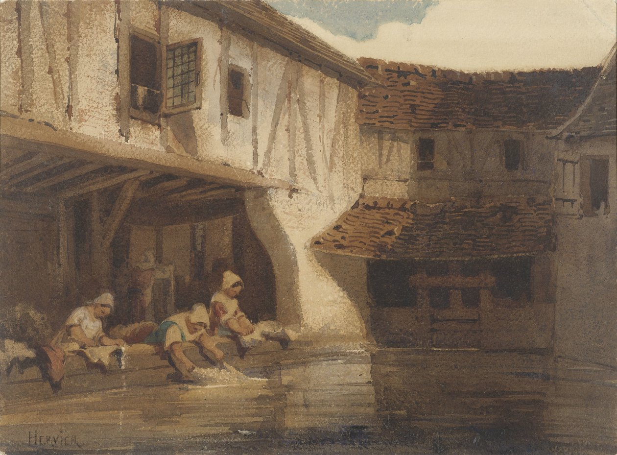 Mycie kobiet w otwartej hali osiedla na wodzie autorstwa Louis Adolphe Hervier (signed by artist)