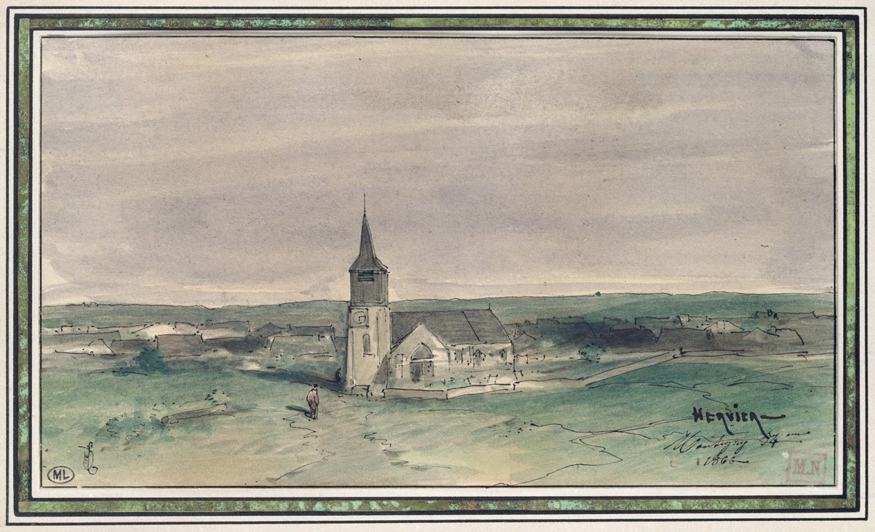 Kościół i wieś na środku pola, Montigny, 1866 (pióro i atrament i toaleta na papierze) autorstwa Louis Adolphe Hervier