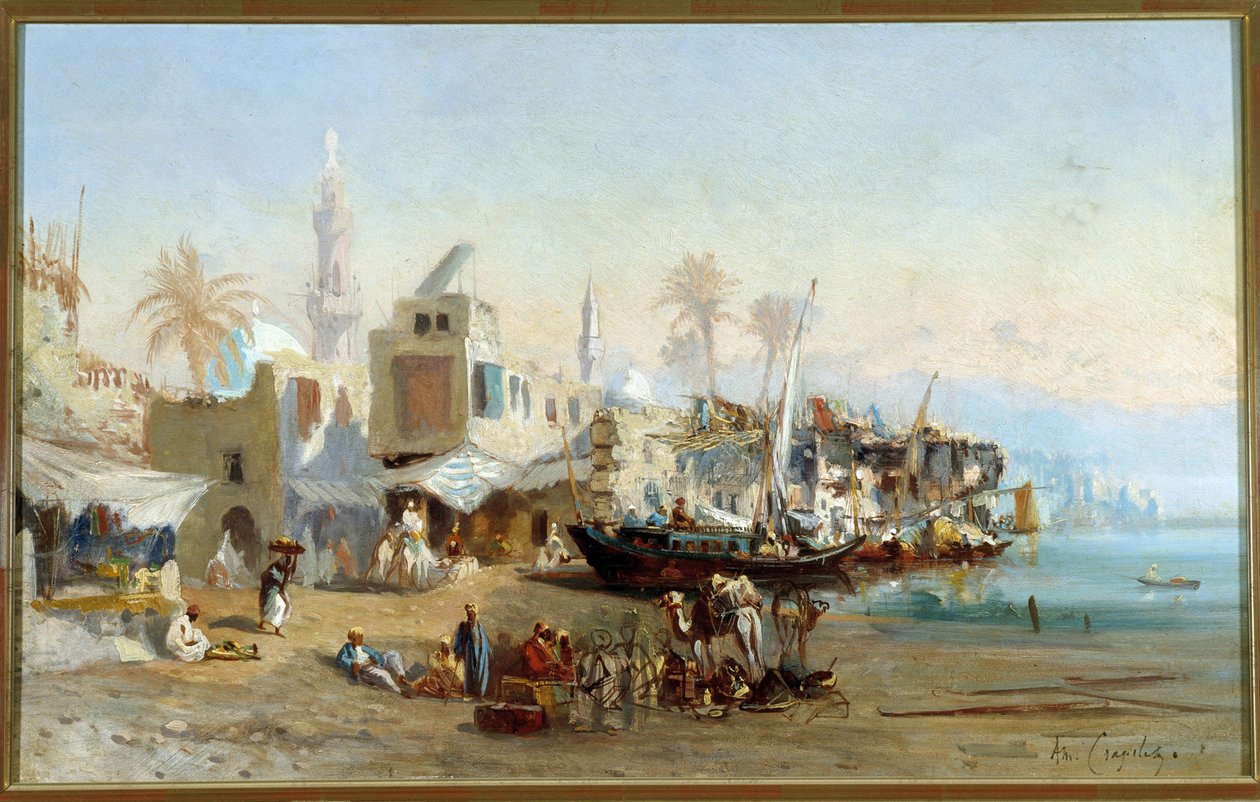 Rybacy i meczety portu Boulack w Egipcie Obraz Amable Louis Crapelet (1822-1867) Nd. 41x64 cm Obowiązkowa wzmianka: Kolekcja fundacji Regards de Provence, Marsylia autorstwa Louis Amable Crapelet