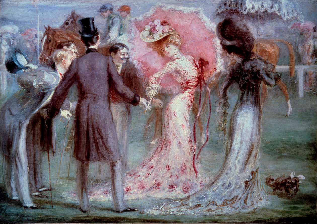 Dobry czas: „Ważenie” Mężczyźni badający młode kobiety z naciskiem na wyścigi konne. Obraz Louisa Anquetina (1861-1932), kolekcja prywatna XX wieku autorstwa Louis Anquetin