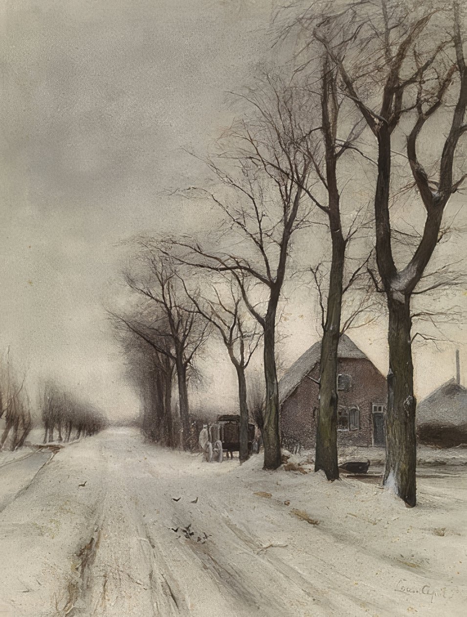 Winterlandschaft mit Bauernhof an einer Allee (Zimowy krajobraz z farmą na alei) autorstwa Louis Apol