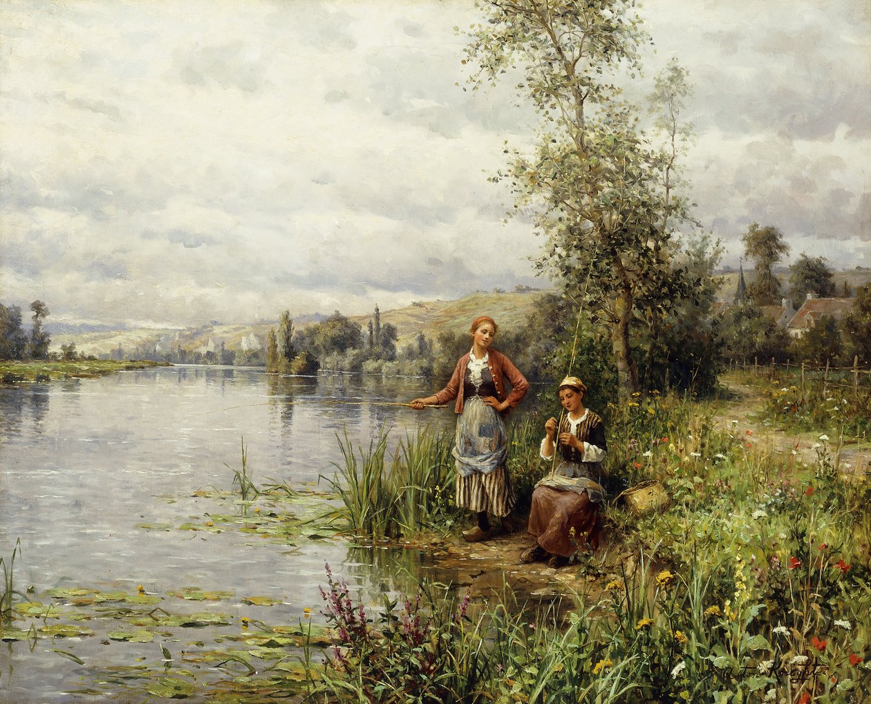 Wiejskie kobiety wędkujące w letnie popołudnie autorstwa Louis Aston Knight