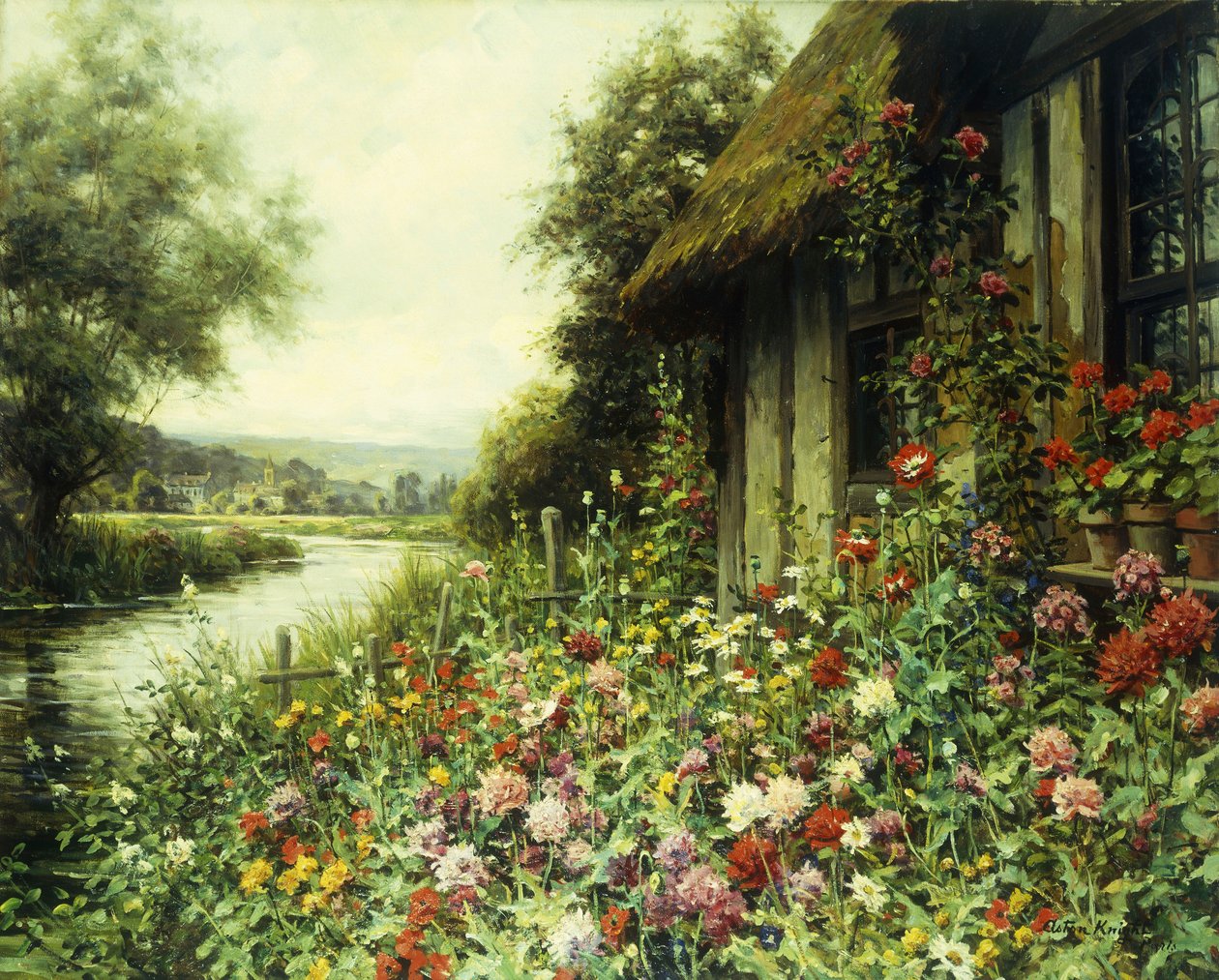 Kwiaty w rozkwicie przed domkiem (olej na płótnie) autorstwa Louis Aston Knight