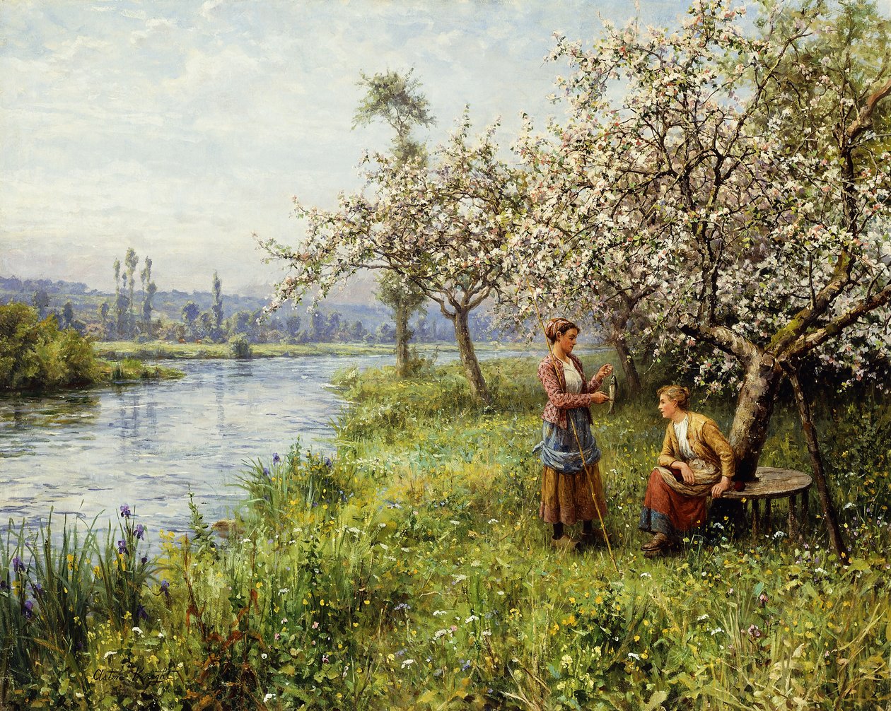 Wiejskie kobiety po wędkowaniu w letni dzień (olej na płótnie) autorstwa Louis Aston and Daniel Ridgway Knight