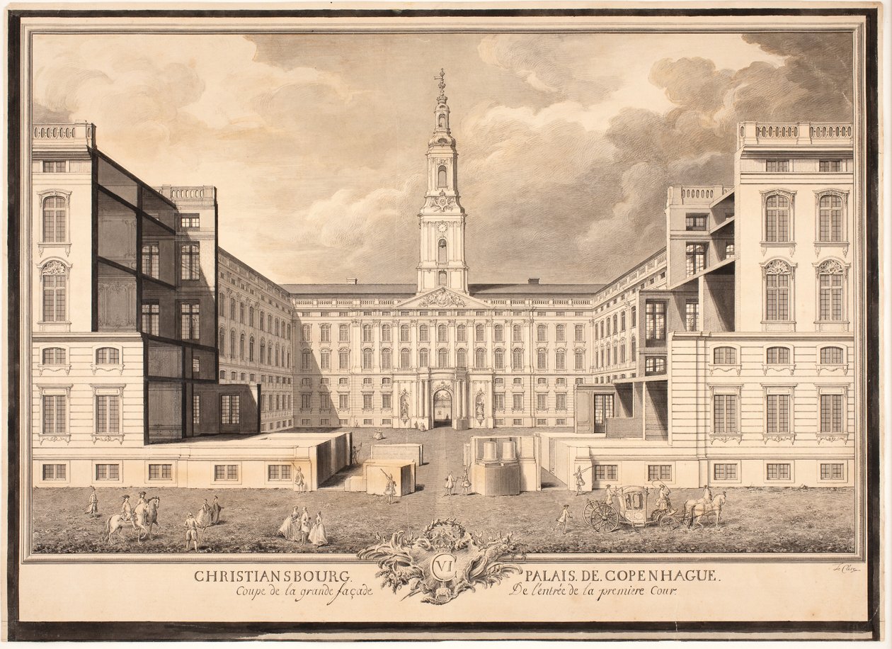 Pałac Christiansborg w Kopenhadze. Fragment dużej fasady wejścia na pierwszy dziedziniec autorstwa Louis Auguste Le Clerc
