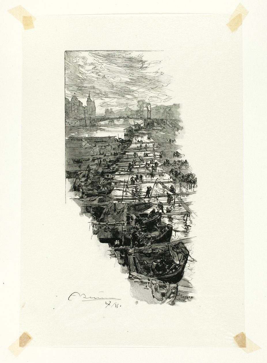 Apple Market, widok z Pont Louis-Philippe, płyta siódma z Le Long de la Seine et des Boulevards autorstwa Louis Auguste Lepère