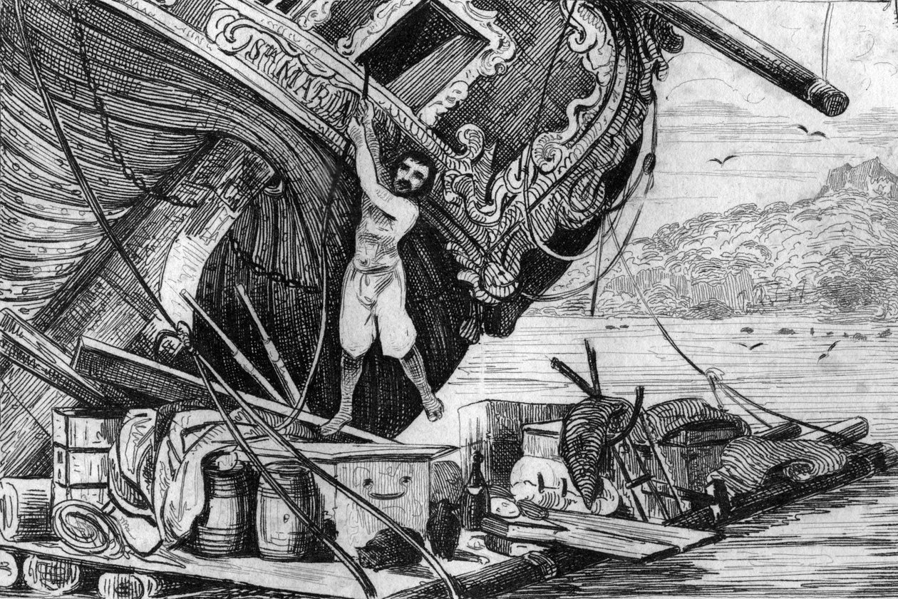 Zszedłem na tratwę i położyłem się na morzu... grawerowanie według rysunku pana de Sainson do Księgi Daniela Defoe (De foe) Robinson Crusoe” wydanie francuskie z 1837 r. autorstwa Louis Auguste de Sainson
