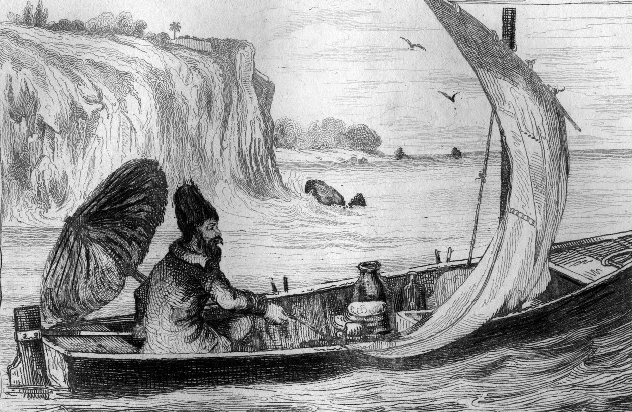 Kierowała mnie aktualna grawerunek według rysunku pana de Sainsona do Księgi Daniela Defoe (De foe) „Robinson Crusoe”” wydanie francuskie z 1837 roku. autorstwa Louis Auguste de Sainson