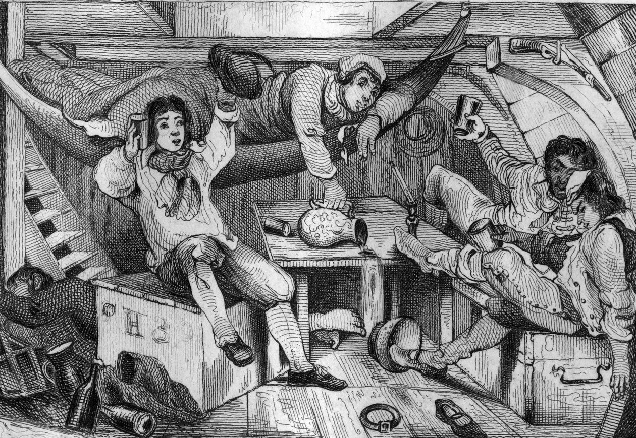 Byłem pijany i w noc rozpusty utopiłem wszystkich moich skruszonych... grawerowanie według rysunku pana de Sainson do Księgi Daniela Defoe (De foe) „Robinson Crusoe”” wydanie francuskie z 1837 roku. autorstwa Louis Auguste de Sainson