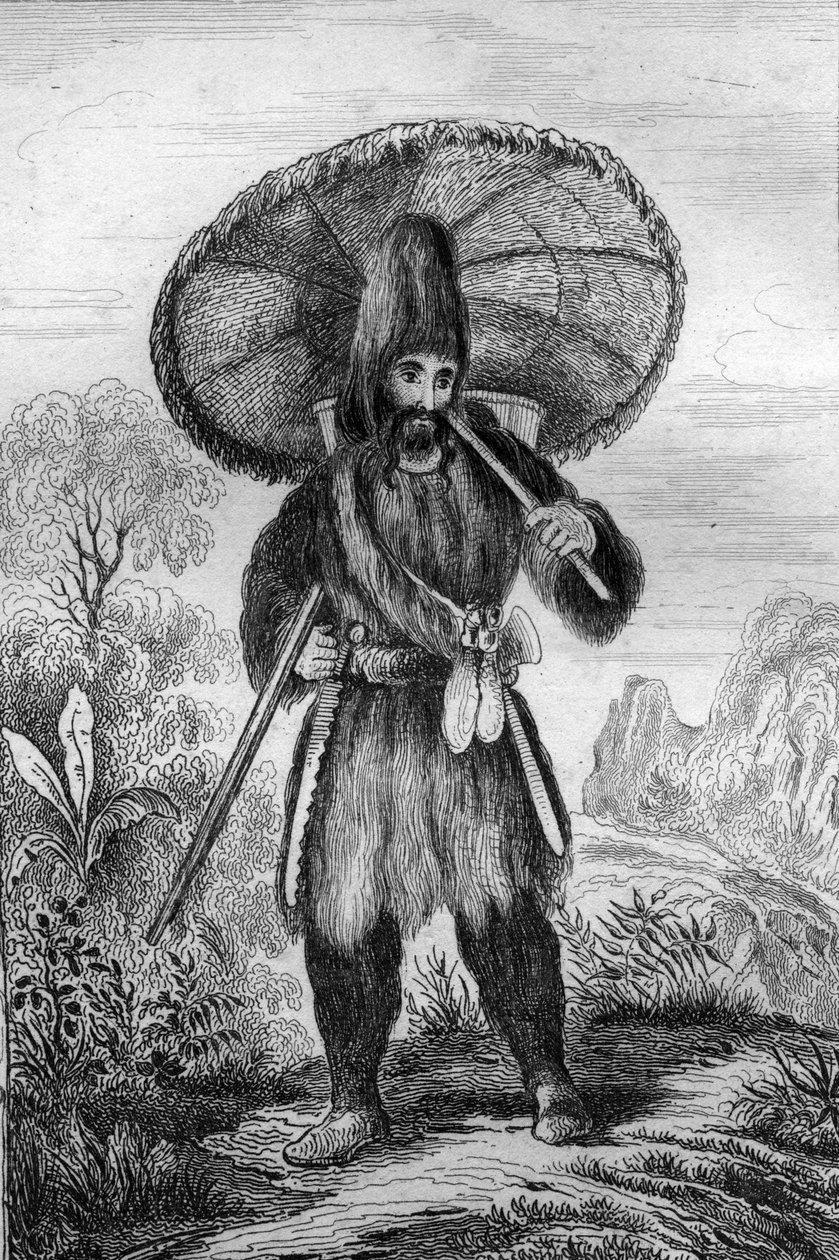 Miałem na sobie kapelusz wysokiego wzrostu... grawerowanie według rysunku M. de Sainsona do Księgi Daniela Defoe (De foe) „Robinson Crusoe”” wydanie francuskie z 1837 r. autorstwa Louis Auguste de Sainson