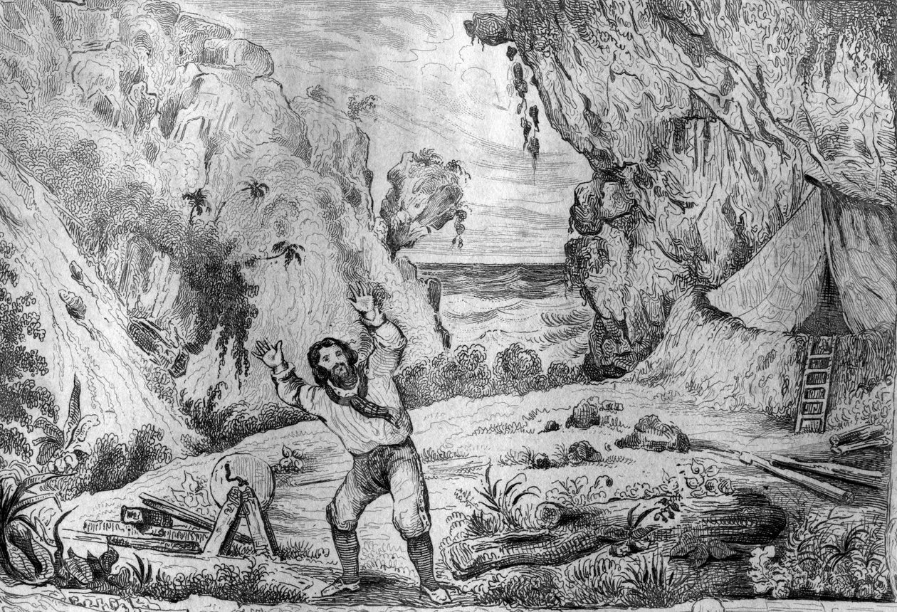 Trzy razy teren zadrżał pod moimi stopami, grawerowanie według rysunku pana de Sainsona do Księgi Daniela Defoe (De foe) „”Robinson Crusoe”” wydanie francuskie z 1837 roku. autorstwa Louis Auguste de Sainson