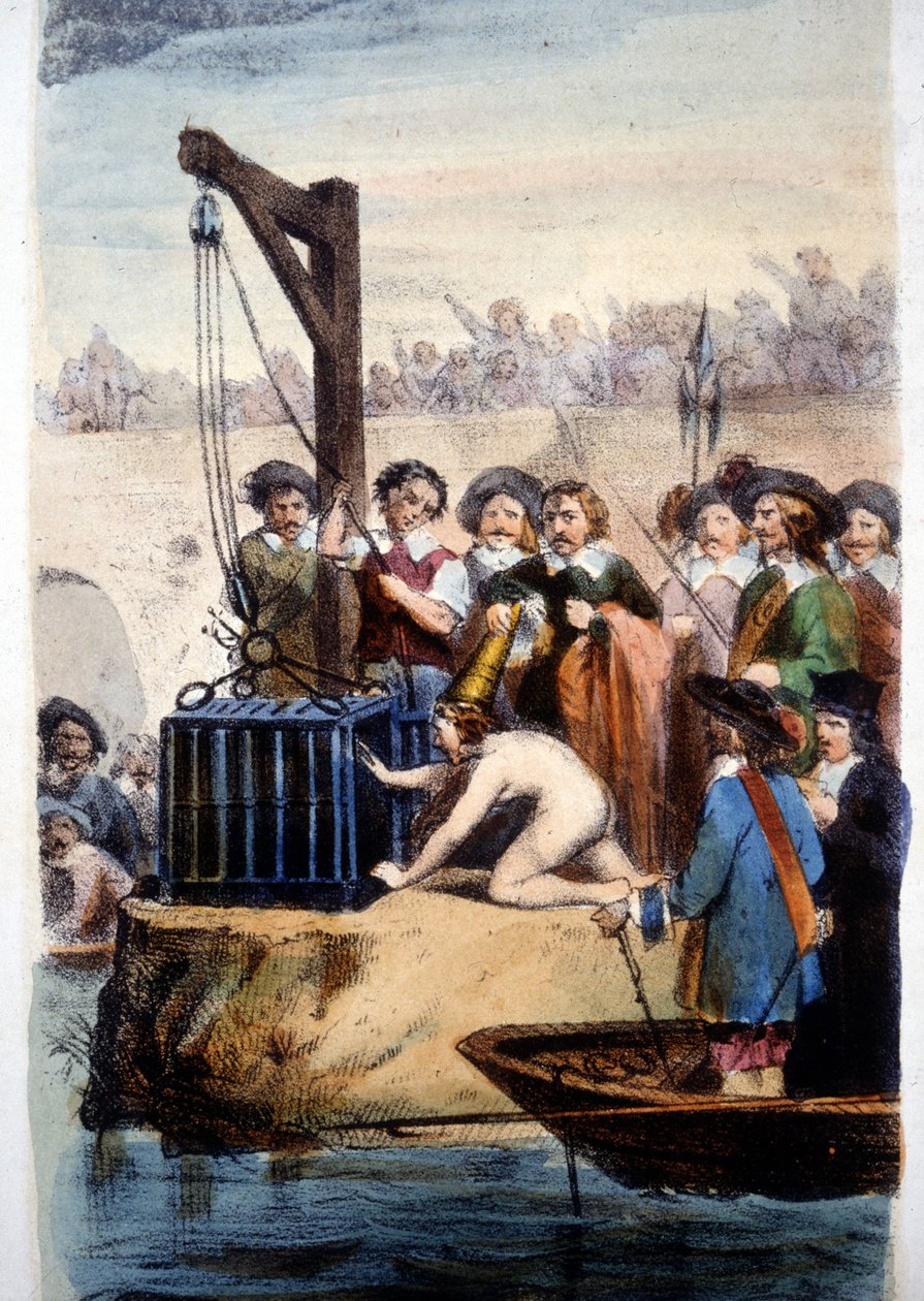Wiedźma testowana wodą, litografia Perrina. autorstwa Louis Benoit Perrin
