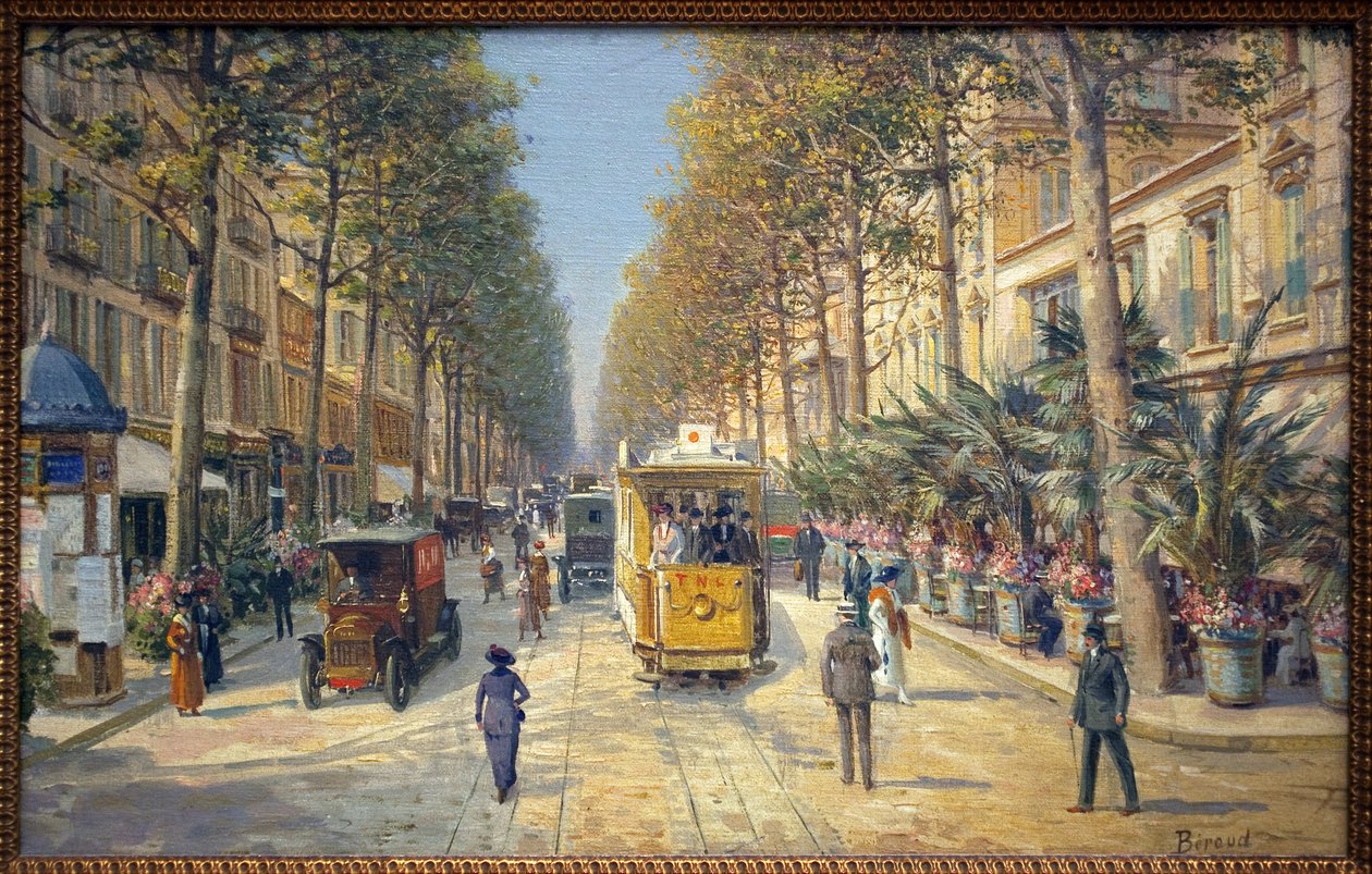 Avenue de la Gare w Nicei (obecna aleja Jean Medecin). Po lewej stronie znajduje się kolumna Morrisa. Obraz Louisa Berouda (1852-1930), olej na płótnie, sztuka francuska, początek XX wieku. Muzeum Massena, Nicea. autorstwa Louis Beroud