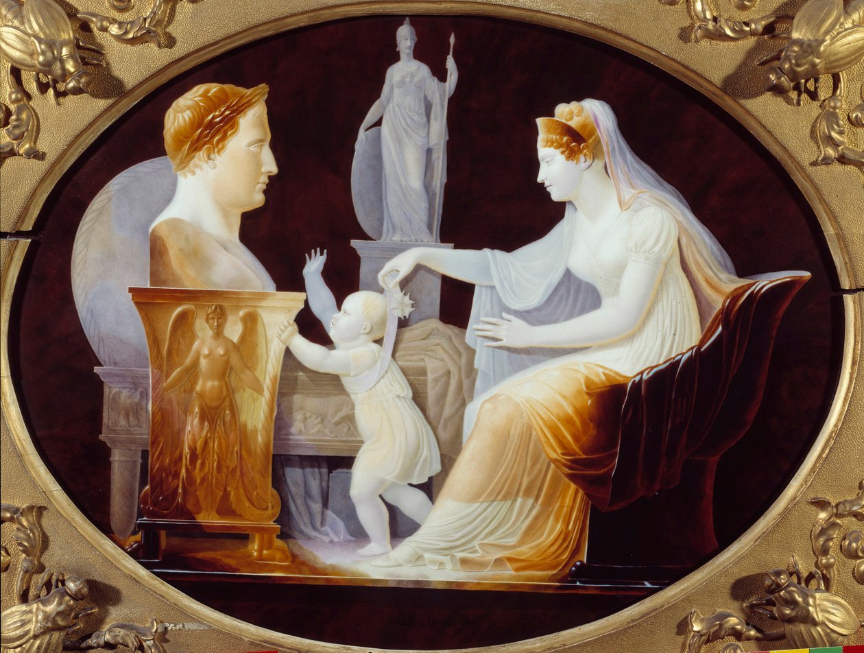 Imperator Maria Ludwika prowadząca pierwsze kroki króla Rzymu Napoleona II, księcia Reichstadt (1811-1832), syna cesarza Napoleona I (1769-1821), przed popiersiem ojca Porcelanowa płyta autorstwa Ludwika Bertina Paranta (1768-1851) 1813 Paryż. La Leg autorstwa Louis Bertin Parant
